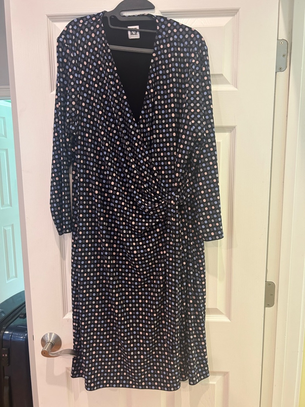 Anne Klein Navy Polka Dot Wrap-Front Long Sleeve Dress